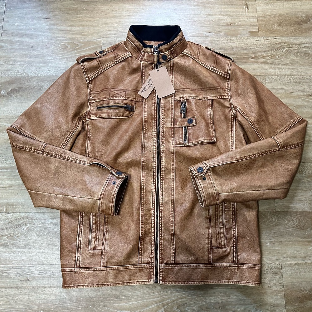 NWT NEW Dixon Men's Leather Jacket Size 4XL Brown Moto Mock Neck Zipped Pockets